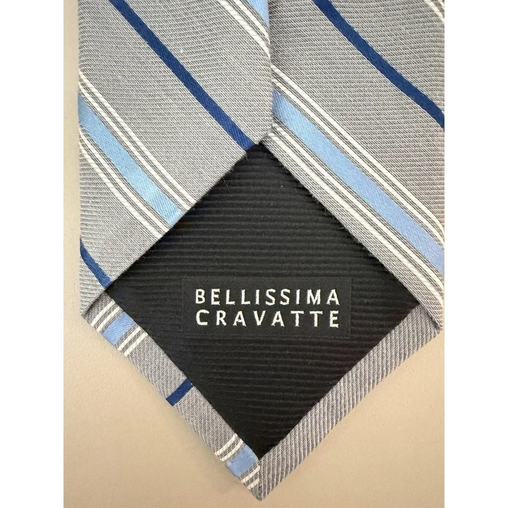 Bellissima Cravatte Cashmere Silk Blend Necktie Tie Striped Gray Blue Classic